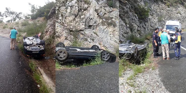 Araç ters döndü, sürücü yara almadı