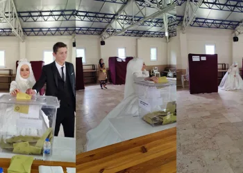 Bursa Yenişehir’de gelinliğiyle sandığa geldi