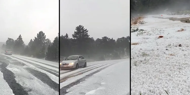 Dolu yağışı yolu beyaza bürüdü