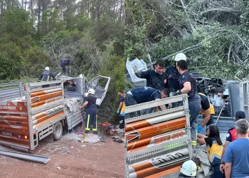 Freni boşalan kamyonet devrildi