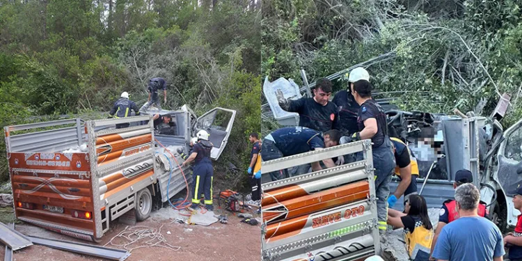 Freni boşalan kamyonet devrildi