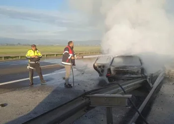 Bariyerlere çarpan otomobil alev alev yandı