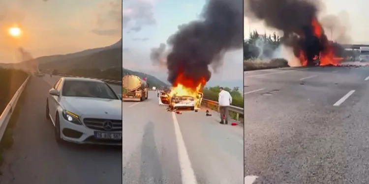 Bursa’da seyir halindeki araçlar alev topuna döndü