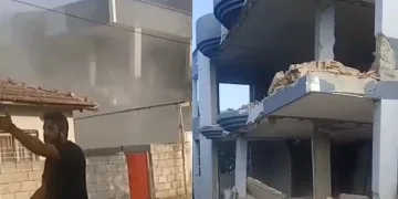 Ağır hasarlı 3 katlı binanın zemin katı çöktü