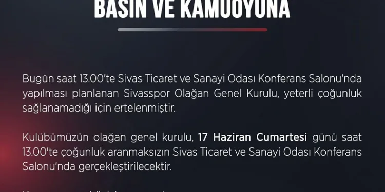 Sivasspor’da olağan genel kurul ertelendi