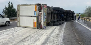 Dorsesinde pirinç taşıyan tır devrildi