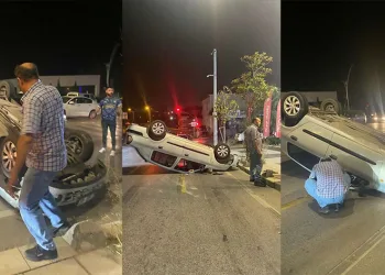 Aydınlatma direğine çarpan otomobil takla attı