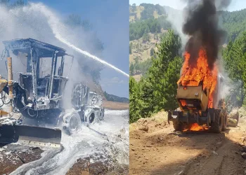 Yanan iş makinesini İHA tespit etti