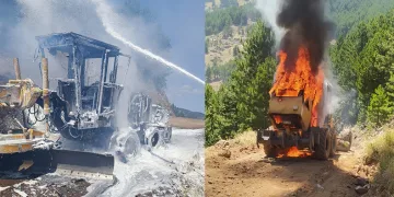 Yanan iş makinesini İHA tespit etti