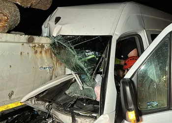 Tomruk yüklü tıra minibüs çarptı