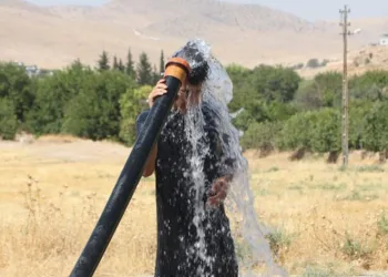 Tarım sulama hortumu ile serinledi