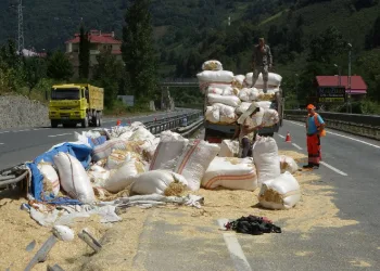 Saman yüklü kamyon yola devrildi