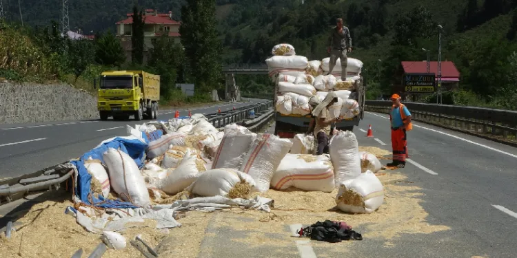 Saman yüklü kamyon yola devrildi