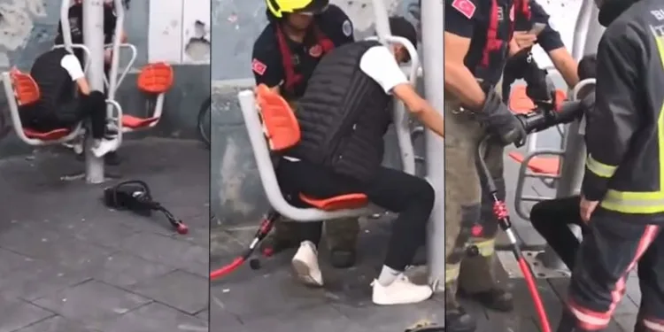 Spor aletine sıkışan genci itfaiye ekipleri kurtardı