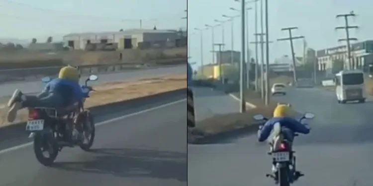 Motosikleti yatarak kullandı, yürekli ağza getirdi