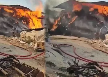 Çiftlikte bulunan yem dolu depo alev alev yandı