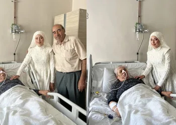 Hastanedeki babaannesini gelinliğiyle ziyaret etti