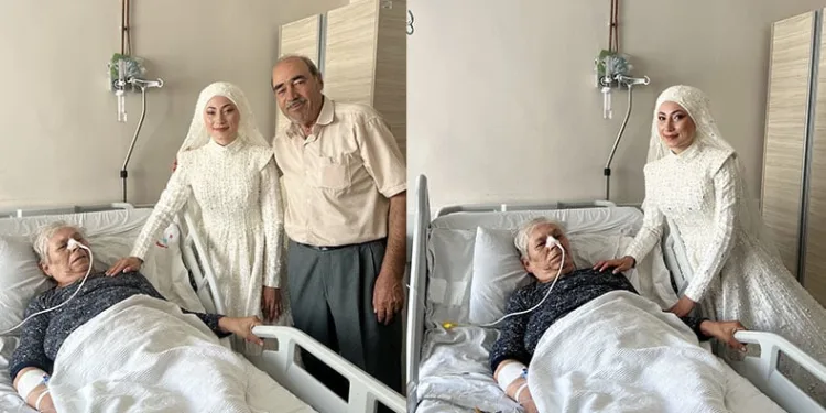Hastanedeki babaannesini gelinliğiyle ziyaret etti