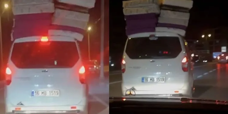 Aracının üzerine yatakları dizdi, trafikte tehlike saçtı