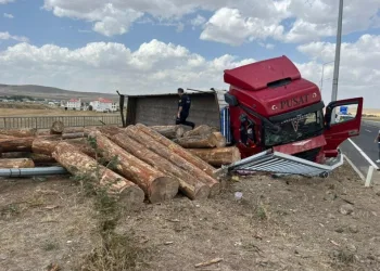 Tomruk yüklü tır devrildi: 1 yaralı