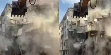 Ağır hasarlı bina korna sesi ile yıkıldı