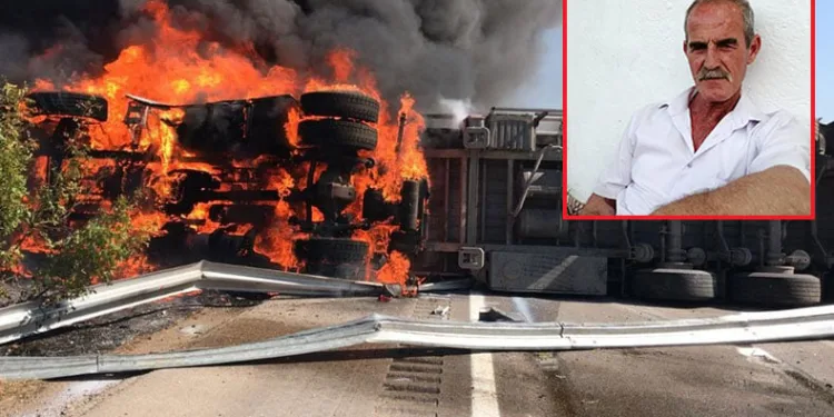 Süt taşıyan tır devrildi, sürücü yanarak hayatını kaybetti