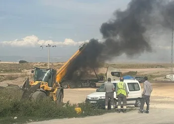 Elektrik tellerine çarpan kamyon alevlere teslim oldu