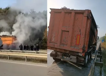 Seyir halindeki kamyonun lastikleri alev aldı