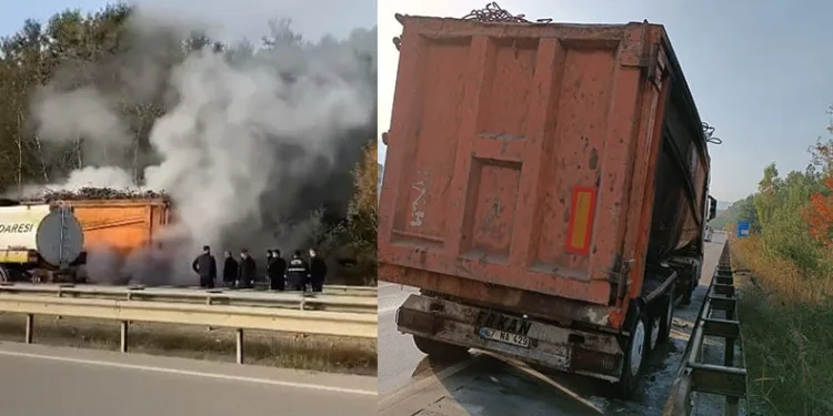 Seyir halindeki kamyonun lastikleri alev aldı