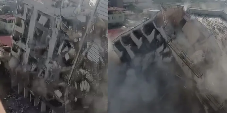 Hasarlı bina korna sesiyle yıkıldı