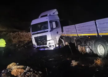 Malatya’da yoldan çıkan tır şarampole düştü