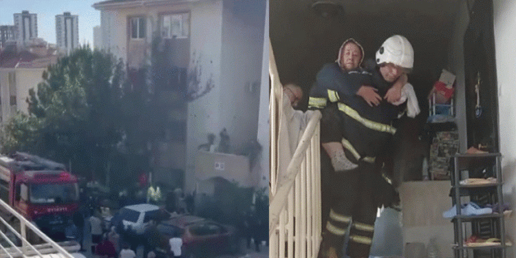 Yangında mahsur kalan kadını itfaiye eri sırtına alarak kurtardı