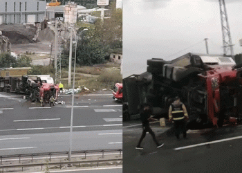 Osmangazi Köprüsü girişinde tır devrildi