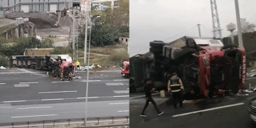 Osmangazi Köprüsü girişinde tır devrildi