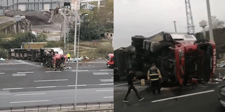 Osmangazi Köprüsü girişinde tır devrildi