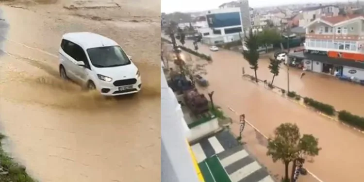 Tekirdağ’da sağanak yolları göle çevirdi
