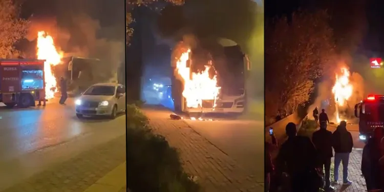 Seyir halindeki servis otobüsü alev alev yandı
