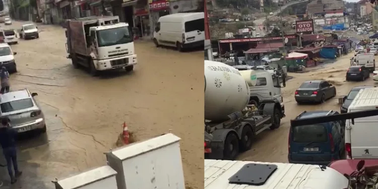 Trabzon’da su borusu patladı, yollar göle döndü