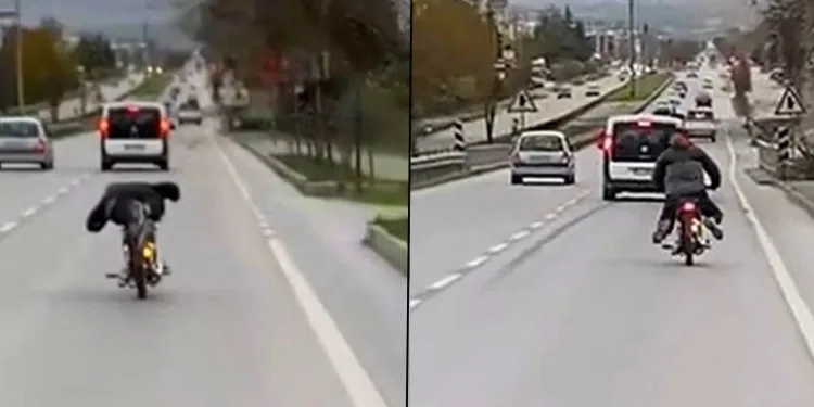 Motosikleti yatarak sürüp tehlike saçtı