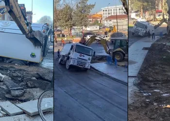 Bursa’da kamyonun geçişi esnasında yol çöktü