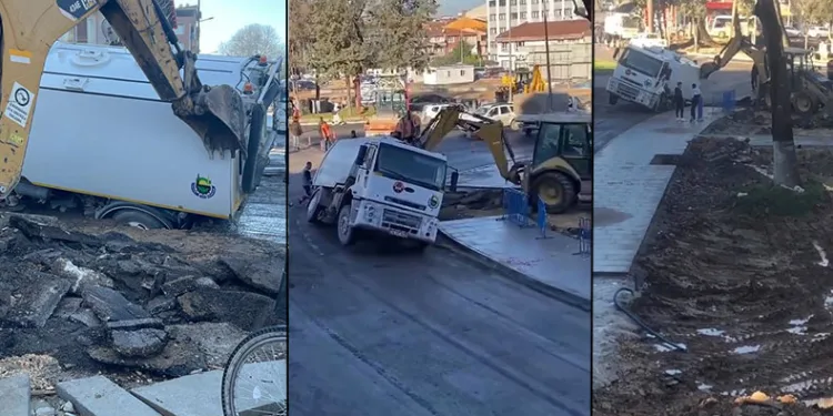 Bursa’da kamyonun geçişi esnasında yol çöktü