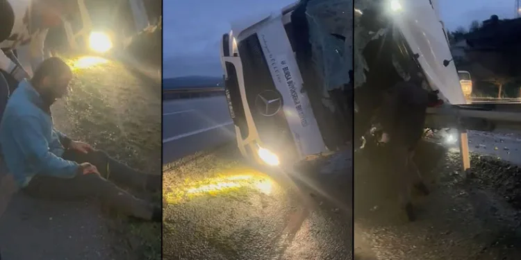 Bursa’da kontrolden çıkan tır yan yattı