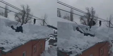 Çatıda biriken karları böyle temizlediler