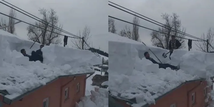 Çatıda biriken karları böyle temizlediler
