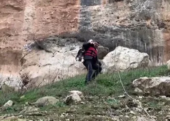 Kayalıklarda kurtardığı keçiyi sırtında taşıdı