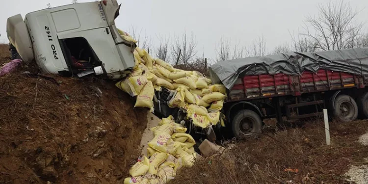 Bursa’da yem yüklü tır yoldan çıktı: 2 yaralı