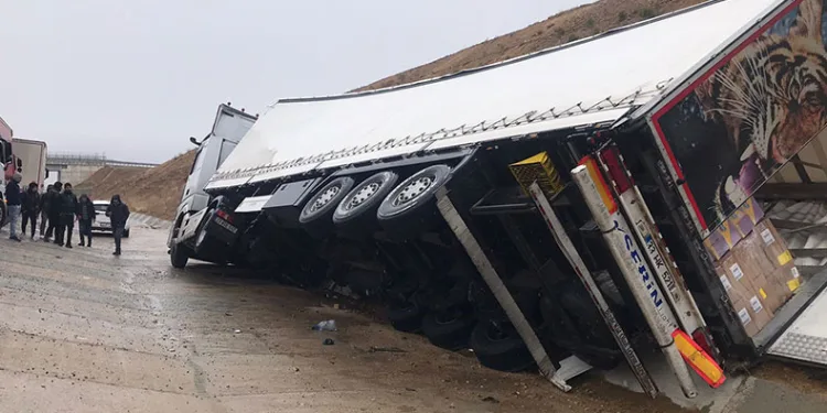 Kontrolden çıkan tır şarampole devrildi