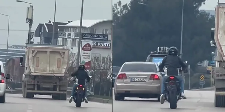 Bursa’da motosikletli akan trafikte tek teker ilerledi
