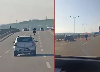 Bursa’da motosiklet sürücüsünün tehlikeli hareketleri kamerada