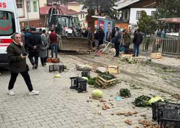 Freni boşalan iş makinesi pazara daldı